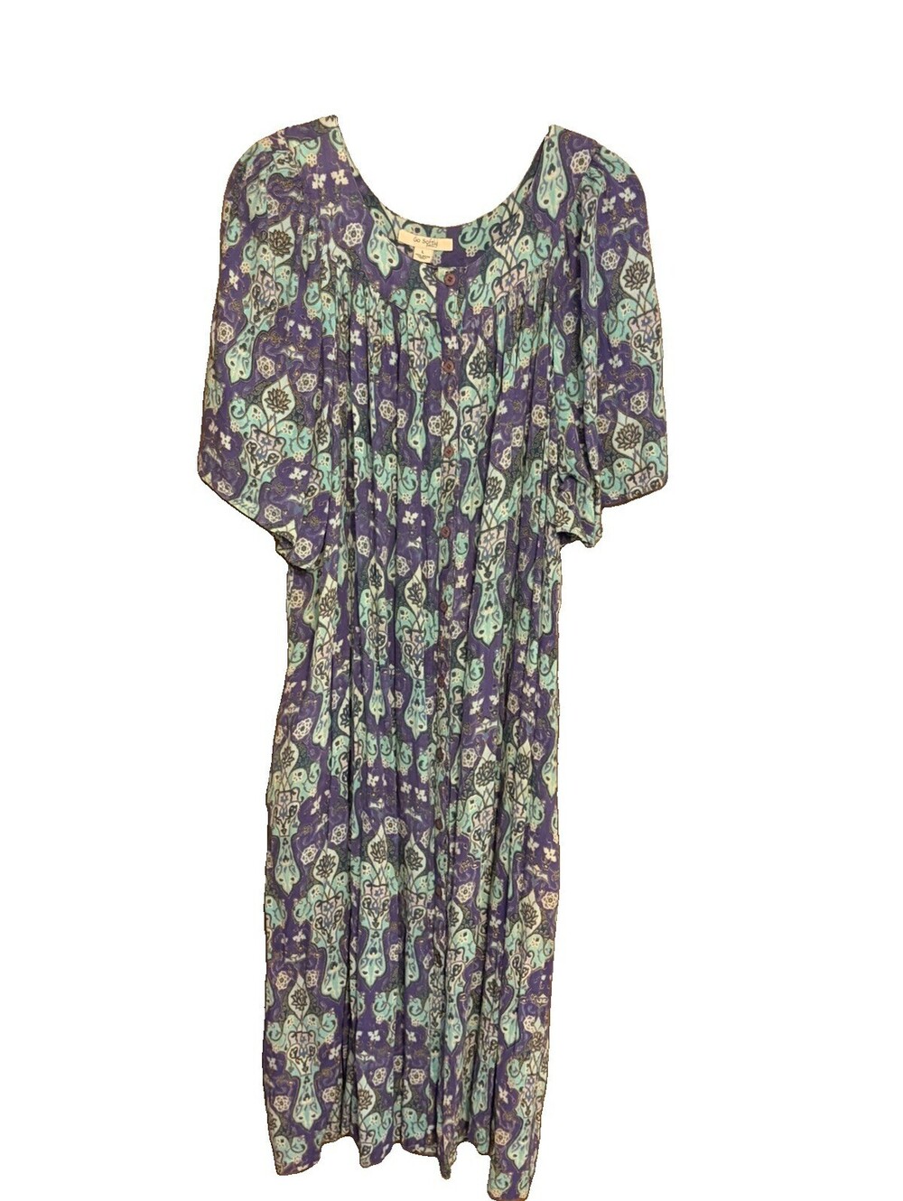 Go Softly Patio Dress L Purple Boho Print Rayon India Pockets